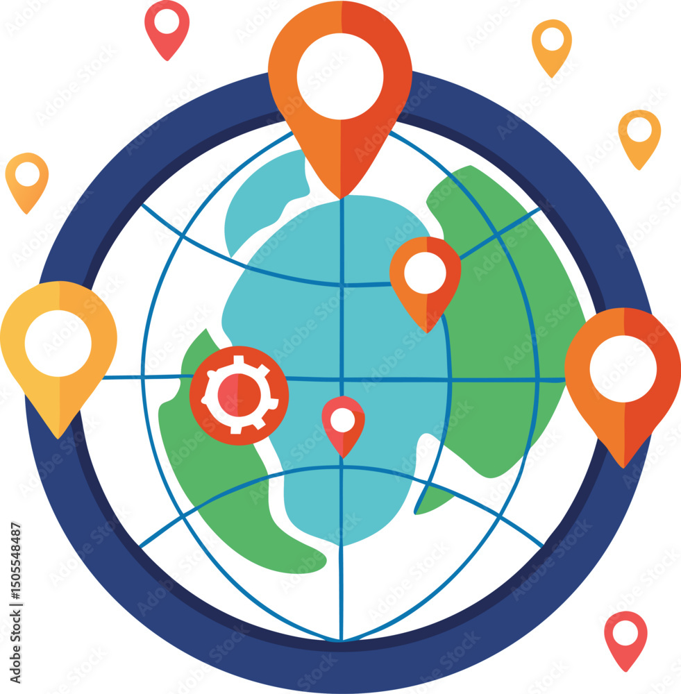 Poster global network and location pin icons representing worldwide connectivity