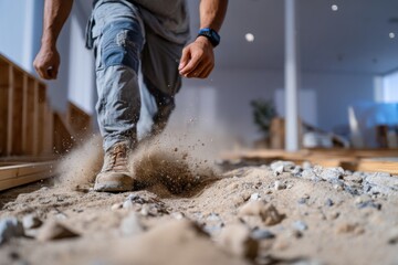 A construction worker strides through a sandy area, kicking up dust with each step, showcasing the hard work and determination present on a construction site.