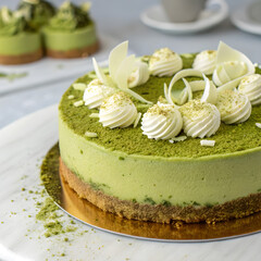 Matcha Green Tea Cheesecake
Earthy matcha flavor blended into the cream cheese
Decorated with matcha dust and white chocolate curls