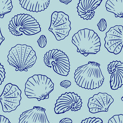 Seamless pattern with hand-drawn seashells on light blue background. Vector marine illustration with scallop and spiral shells.