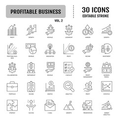 Profitable business icon collection. Containing profit, income, revenue, sales, cash flow icon. Simple line vector