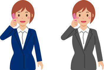 スマホで電話するショートヘアの若い女性。スーツ姿の上半身