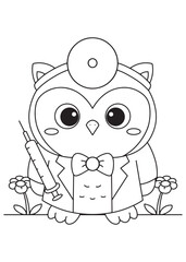 Coloring book owl in a medical coat with a stethoscope and clipboard