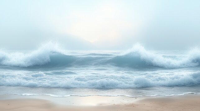 Calm Ocean Waves at Sunrise with Soft Misty Background