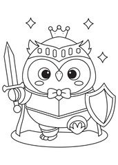Coloring book adorable owl in armor, holding a sword and shield