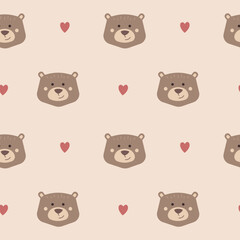 Cute cartoon little bears heads wallpaper. Vector seamless pattern with funny animals muzzle and hearts. Texture for kids textile. Repeat ornament for children in a flat style.