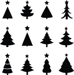Obraz premium Assorted Christmas Tree Silhouettes with Stars, Festive Elements, Isolated on White