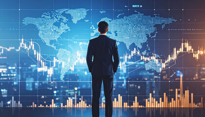 世界の金融市場を見据えるAIアシスタント｜ローソク足チャートと世界地図が融合した未来的ビジネスイメージ