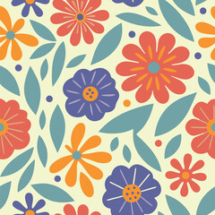 Colorful retro floral seamless pattern design with stylized flowers and leaves on cream background
