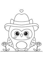 Coloring book  owl in a stylish hat, with a heart above its head
