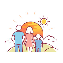 Fototapeta premium Illustration of a family of three watching the sunset together outdoors