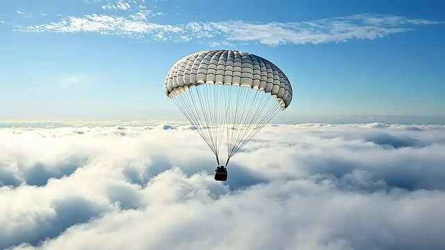 A parachutist gracefully descends through fluffy clouds under a bright blue sky