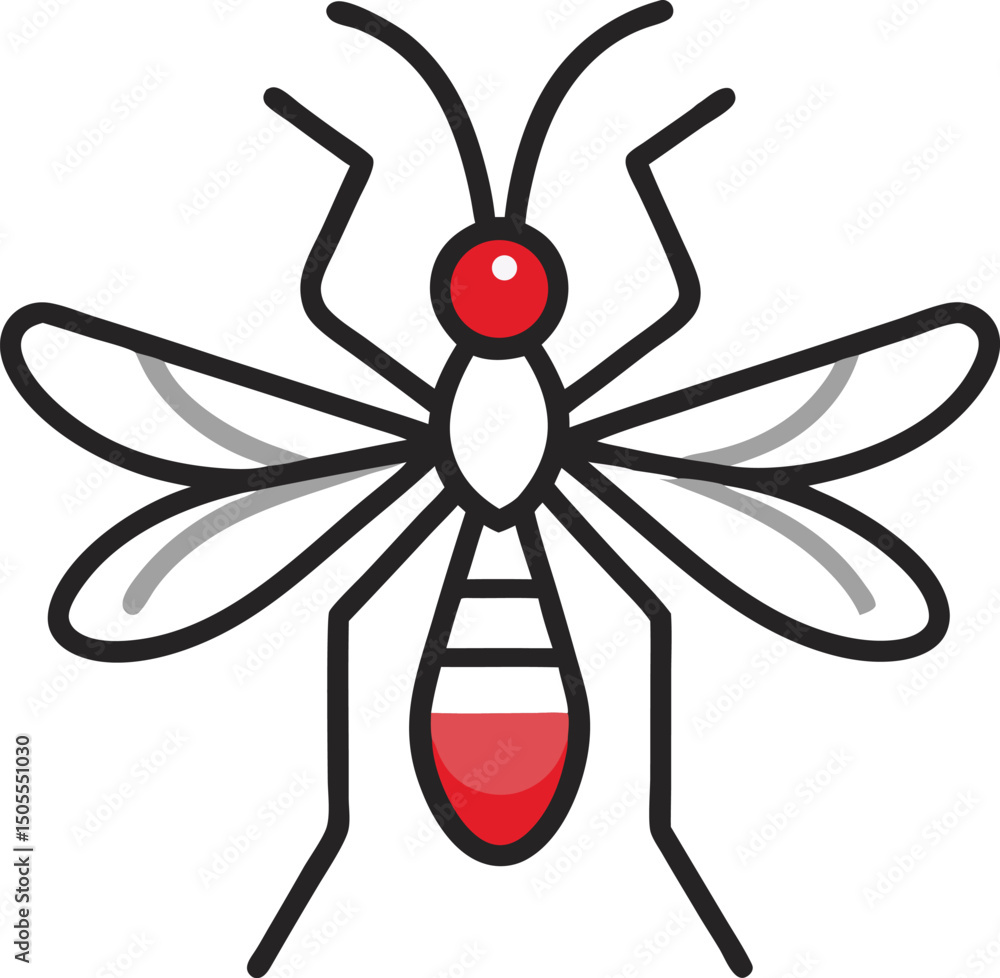 Poster minimalist mosquito line art icon with red drop representing potential blood in vector format