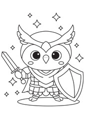 Coloring book owl knight, shining bright with sword and shield