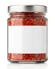 Crushed Red Pepper Flakes in Glass Jar with Blank Label Culinary Spice, Food Photography, Ingredient, Recipe, Seasoning