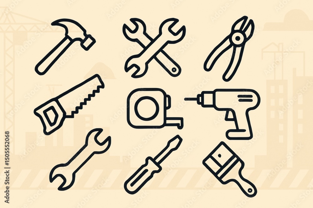 Poster tools for construction tasks showcasing diverse instruments including saw, hammer, screwdriver, and 
