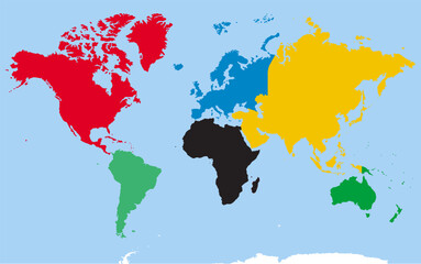 Vector illustration of a world map with continents in different colors. Perfect for education, geography, travel, and infographic projects.
