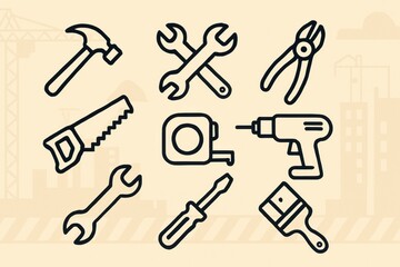 Obraz premium Tools for Construction Tasks Showcasing Diverse Instruments Including Saw, Hammer, Screwdriver, and Measuring Tape in a Minimalist Design