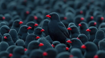 Obraz premium Contrast uniqueness standing out, Symbol of Concept Variety and difference. A single bird with a bright red beak stands out among a crowd of dark birds in a striking visual contrast.