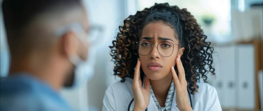 A female doctor shows concern while listening to her patient in a medical office, emphasizing the importance of communication and empathy in healthcare settings.
