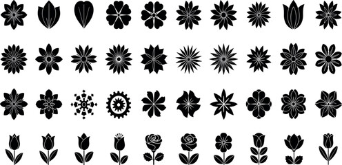 Fototapeta premium Black flower vector set feature abstract floral design silhouettes, and geometric patterns. Ideal for decoration, logos, and design projects. Includes minimalist botanical elements for creative