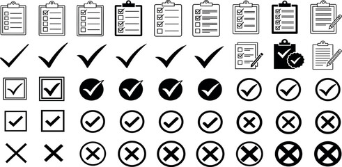 Checklist vector icon set, checkmarks, cross symbols, and clipboard designs vector style. Perfect for task management, to do lists, forms, and productivity related projects