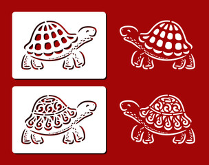 Two stencils with decorative turtles. Cartoon sea animals with openwork carved shells. Template for plotter laser cutting of paper, fretwork, wood carving, metal engraving, cnc. Vector illustration.