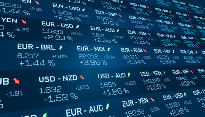 Trading screen, currency board, global currency exchange rates. Trading, data, absolute changes and percentage, stock market and exchange. 3D illustration