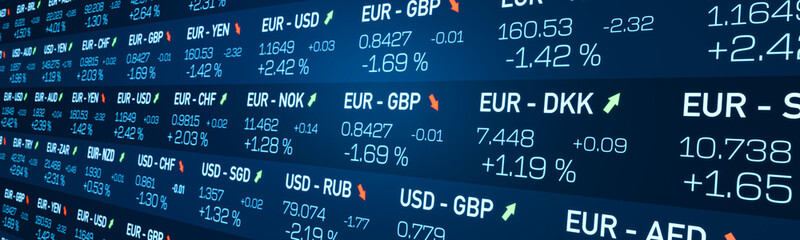 Close up currency trading board with global Euro and US dollar exchange rates. Absolute and percentage changes, trading informstion, risk, volatility. 3D illustration