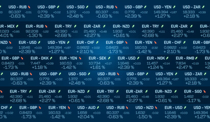 Currency ticker with global currencie rates to Euro and US dollar. Trading, data, absolute changes and percentage, stock market and exchange. 3D illustration