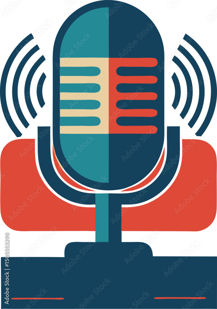 Poster retro microphone graphic with wave symbols representing audio broadcasting concept