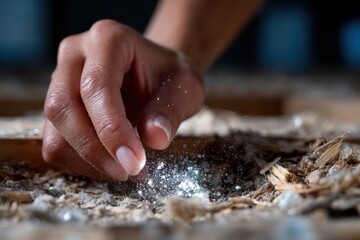 A close-up shot of a hand reaching into a dusty corner, uncovering sparkling particles, symbolizing discovery, wonder, and the beauty within overlooked spaces.