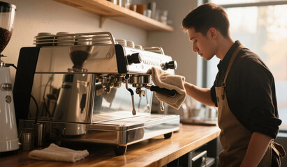 Barista polishing chrome espresso machine with microfiber cloth