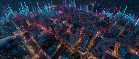 Aerial view of city at night with stock market data