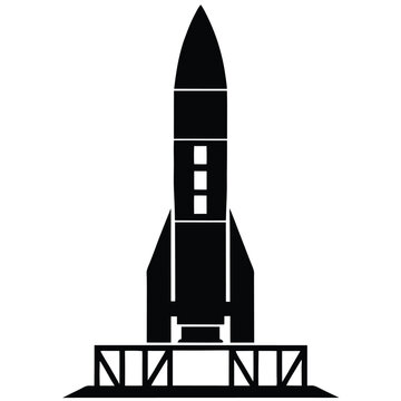 Black Rocket Standing on Launch Pad Silhouette Design Isolated