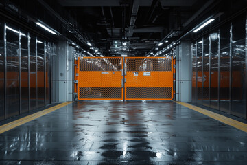 Closed orange gate in modern underground subway station with reflective wet floor