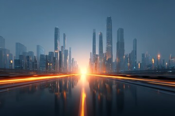 Fototapeta premium Futuristic Cityscape with Skyscrapers and Glowing Road