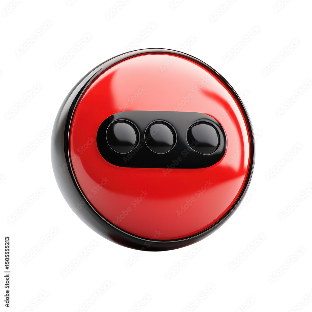 Poster sleek red button with three glossy black dots evokes technology with on transparent background
