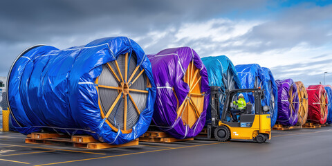 Forklift operator moving large cable reels wrapped in colorful protective material