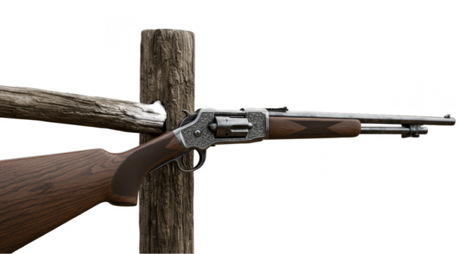 Detailed Vintage Rifle Leaned Against Wooden Post in Isolated Transparent Background