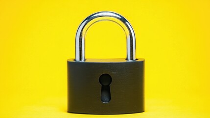 Naklejka premium Black padlock with chrome shackle centered on a bright yellow background under studio lighting