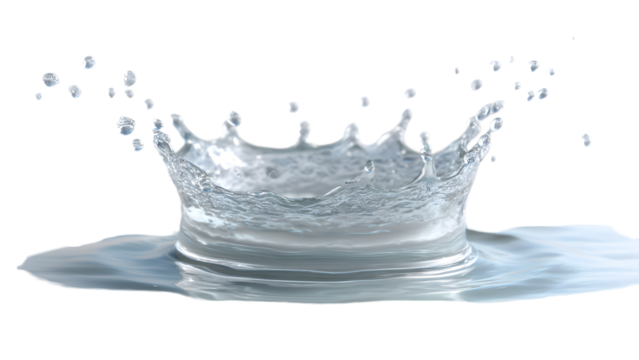 Water splash crown with droplets isolated on transparent background, creating a dynamic and refreshing visual effect