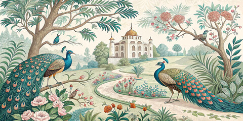 Blue peafowl with colorful plumage and bright tail feathers in nature