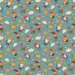 Gnomes, Deer, Sun, and Clouds Seamless Pattern. Endless textures for your design
