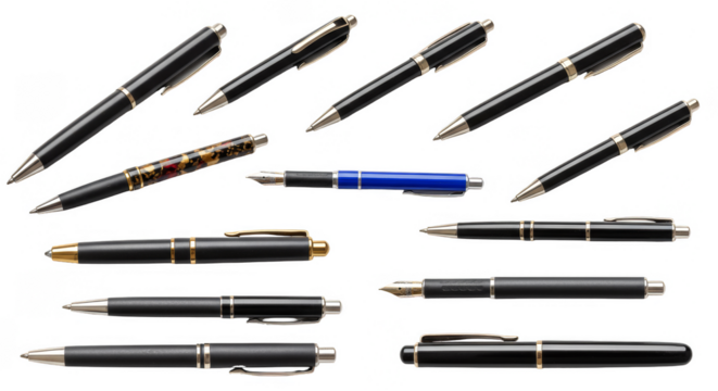 Isolated Pens Collection Various Types Black Silver And Gold Pens Isolated On Transparent Background - Powered by Adobe