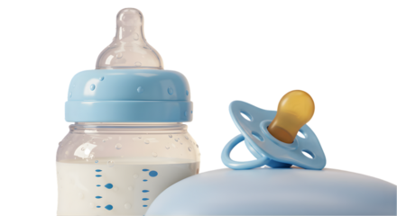 Isolated Photo of a Baby Bottle with Milk and a Pacifier on Blue Background
