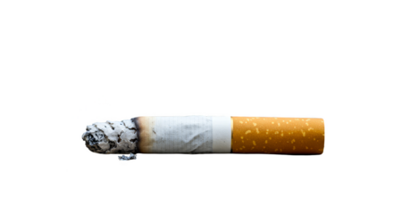 Isolated Photo of a Burnt Cigarette with Ash and Orange Filter on Black