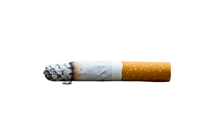 Isolated Photo of a Burnt Cigarette with Ash and Orange Filter on Black