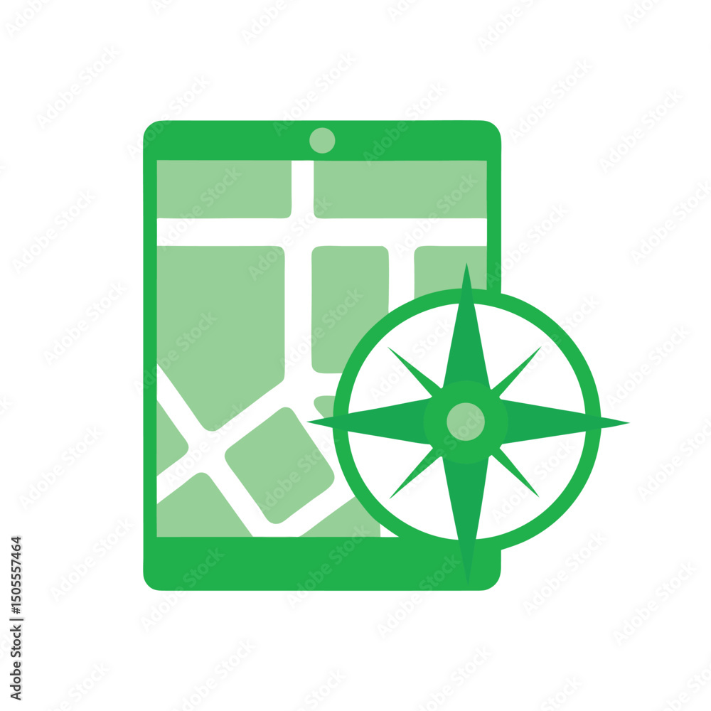 Poster vector illustration of navigation app with map and compass symbol in green