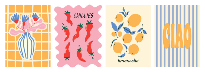 Set of abstract food posters with flowers in a vase lemon fruit and chili peppers. Whimsical wall art. Contemporary art prints in colorful italian style. Vector illustrations. © Loya.art